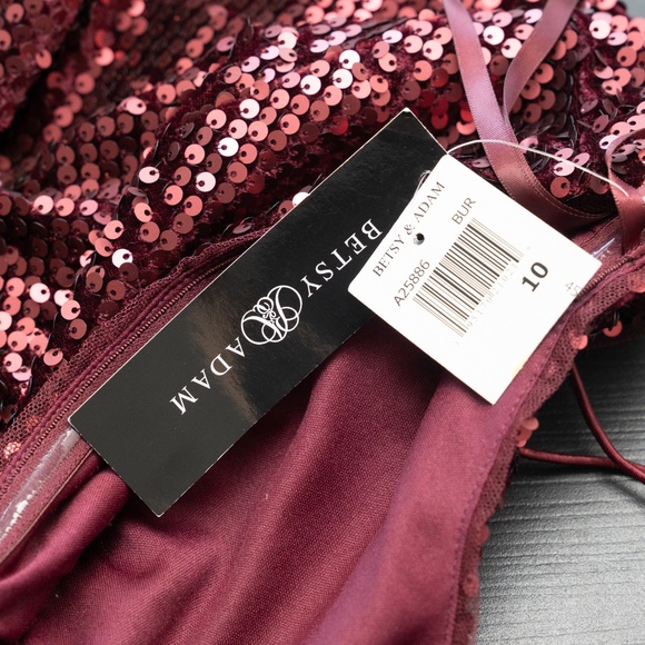 Betsy & Adam One Shoulder Burgundy Sequin Cocktail Dress - Picture 9 of 10